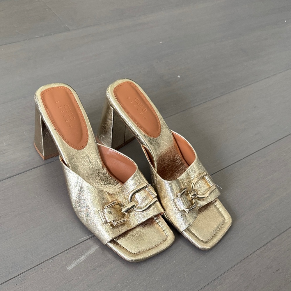 Gold Block Heel Mules